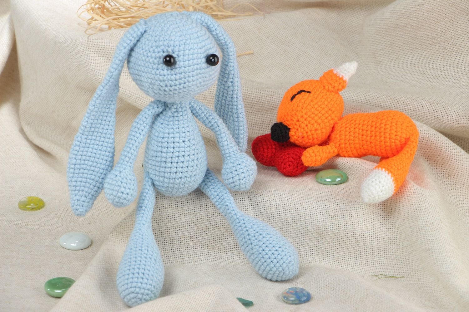 Set of handmade crochet soft toys 2 pieces little hare and fox for children photo 1