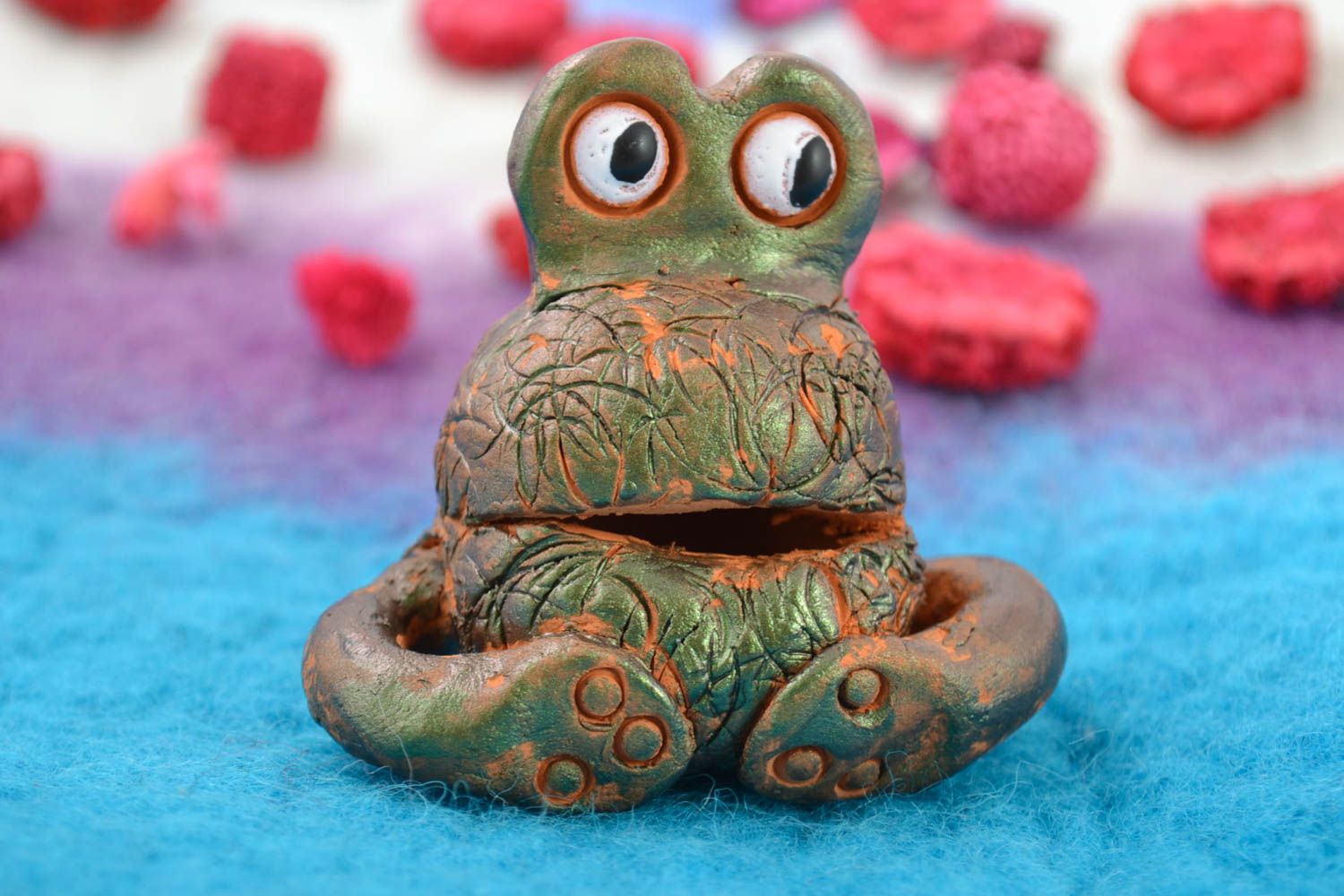 Handmade funny miniature collectible ceramic figurine of frog molded of red clay photo 1