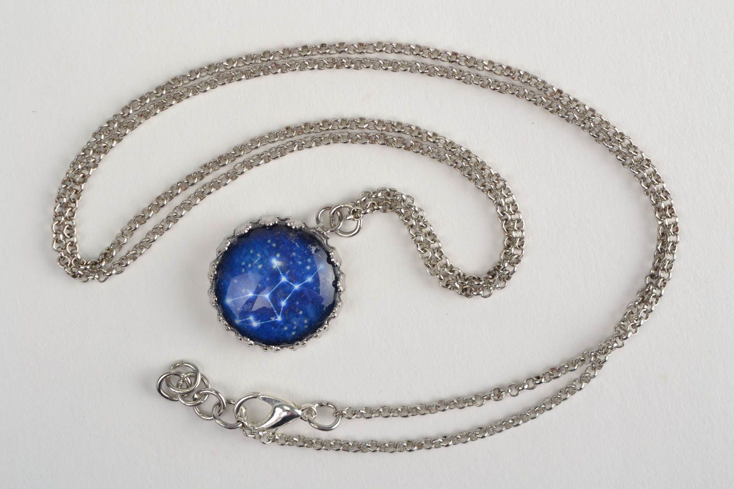 Designer handmade round blue glass pendant with Virgo constellation on chain photo 3