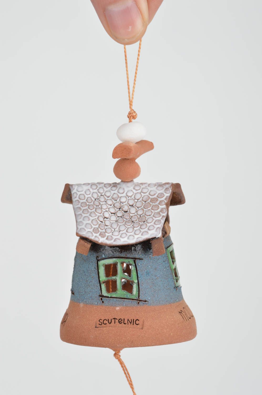 Ceramic handmade bell in the form of house multicolored glaze wall pendant photo 3
