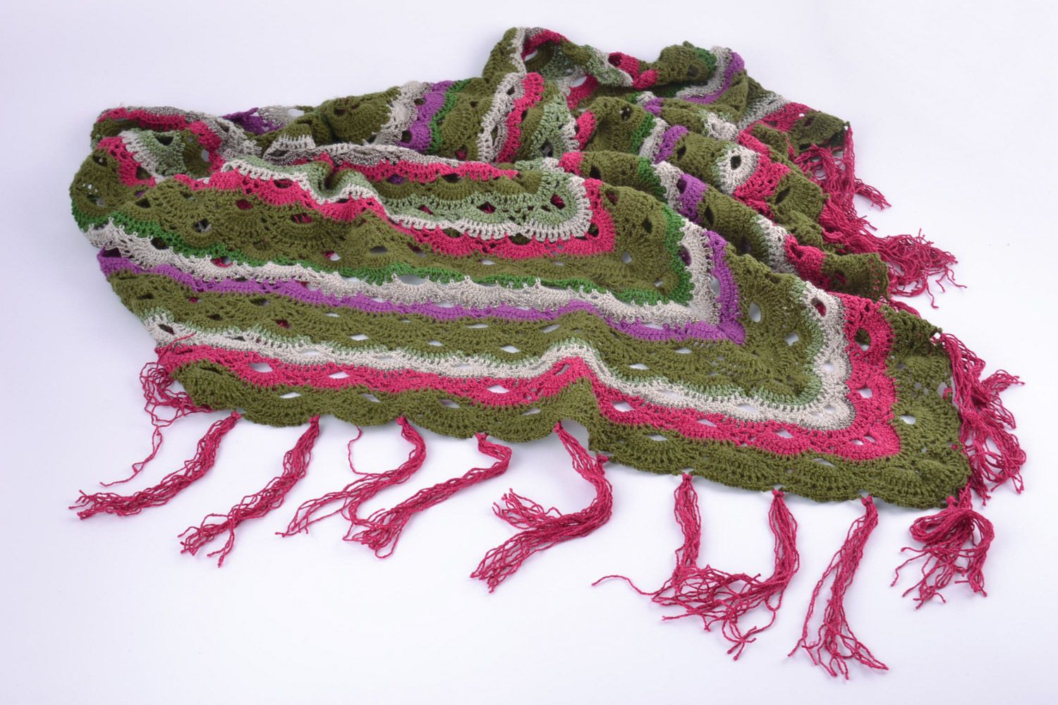 Handmade bright women's shawl crocheted of semi-woolen threads with fringe  photo 4