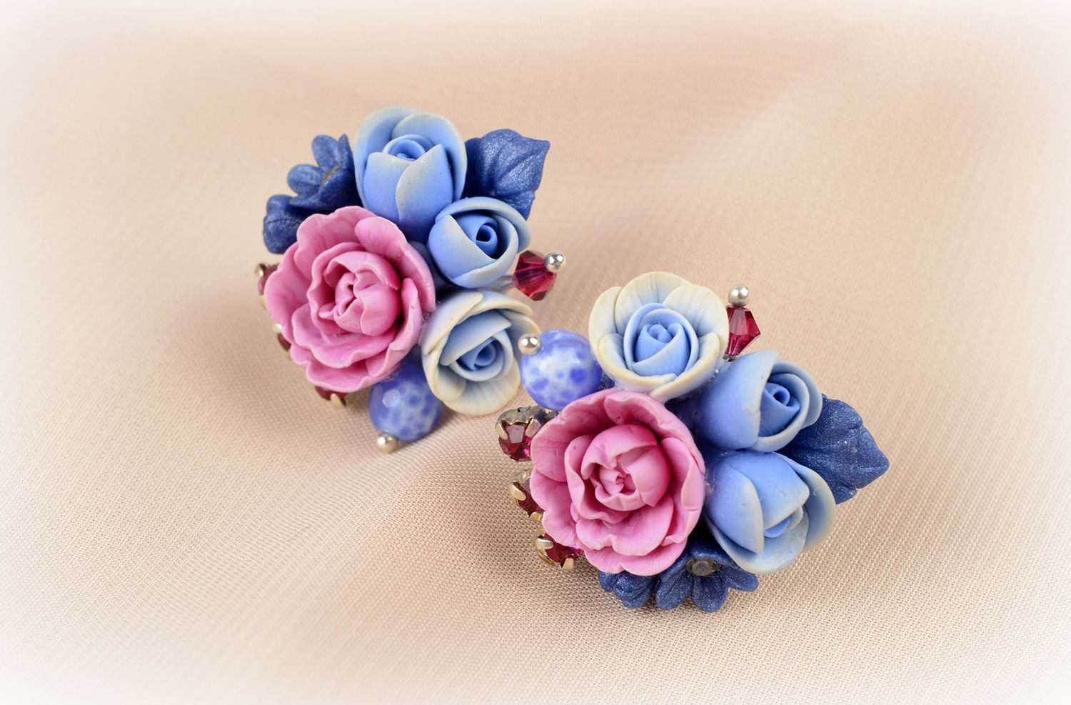 Stud earrings with flowers handmade polymer clay earrings plastic accessories photo 5