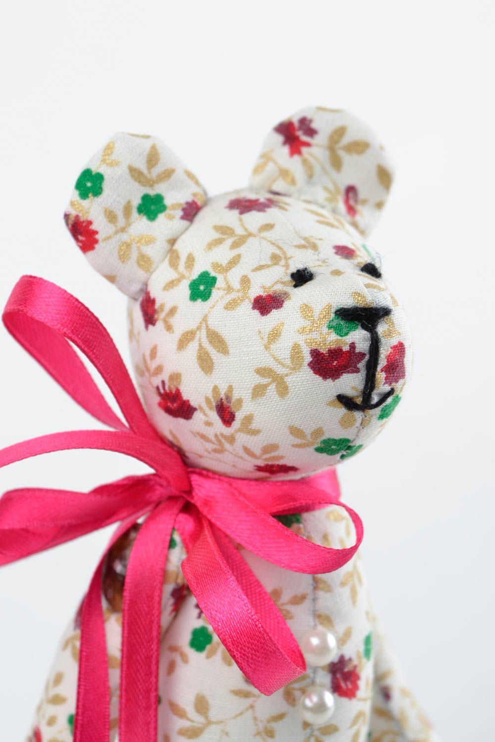 Peluche ours Jouet enfant fait main en coton blanc motif floral Cadeau original photo 3