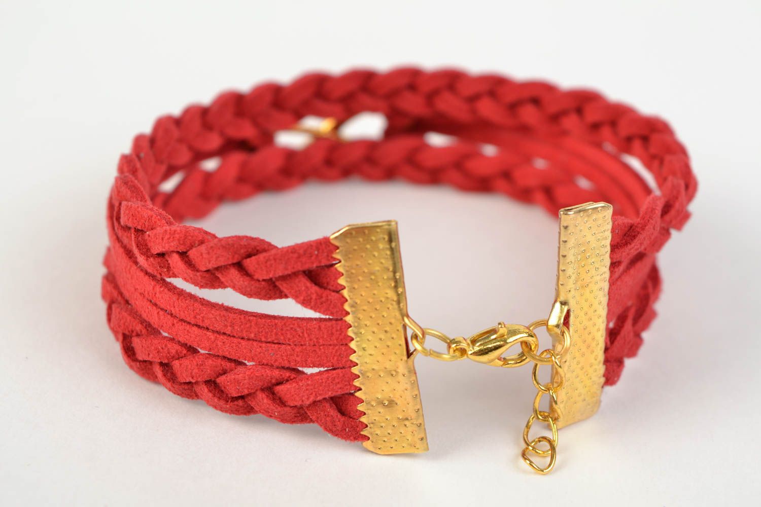 Bright red handmade woven suede bracelet with metal charm photo 4
