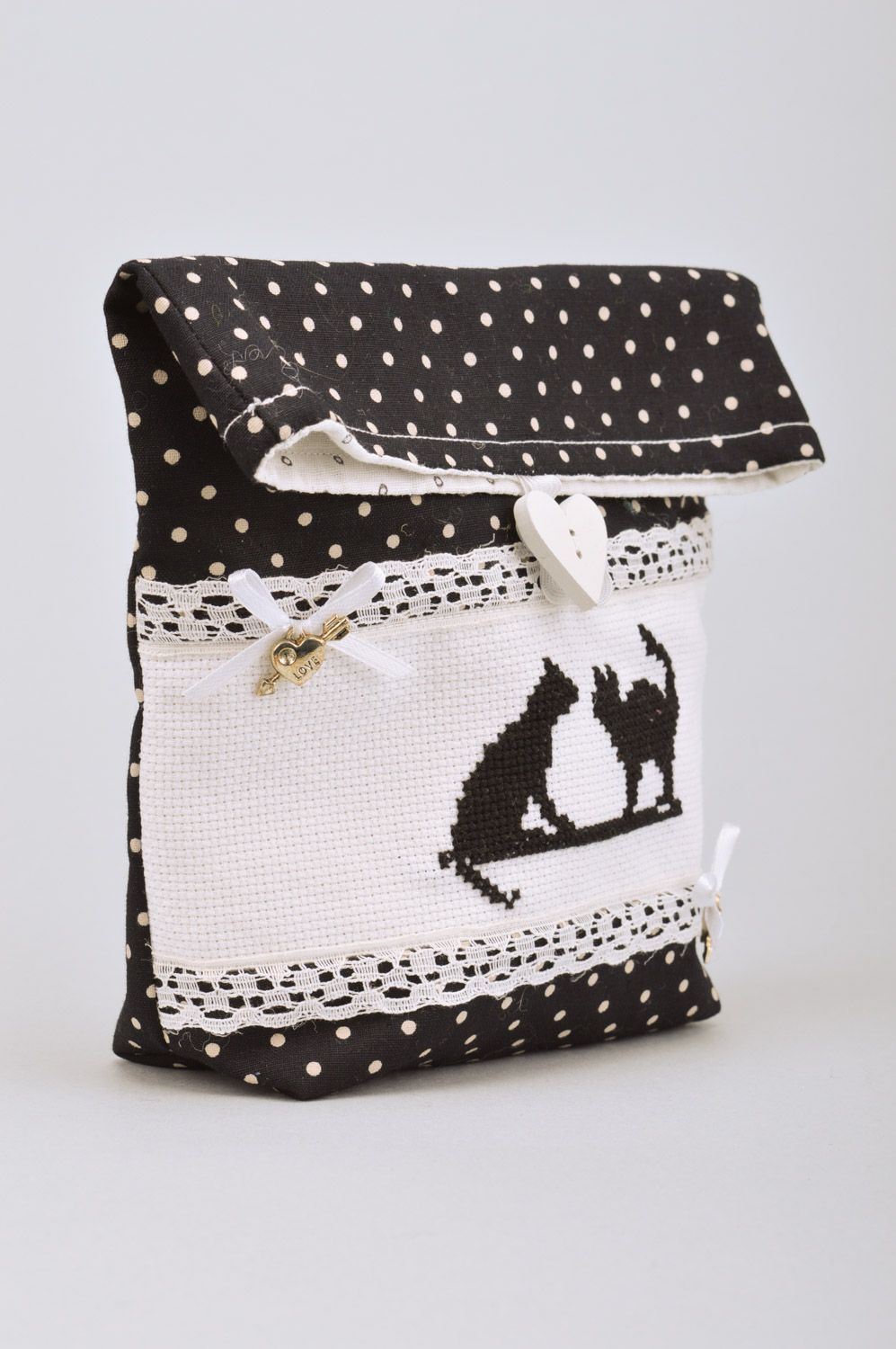 Handmade cosmetics bag sewn of polka dot cotton with cross stitch embroidery  photo 2