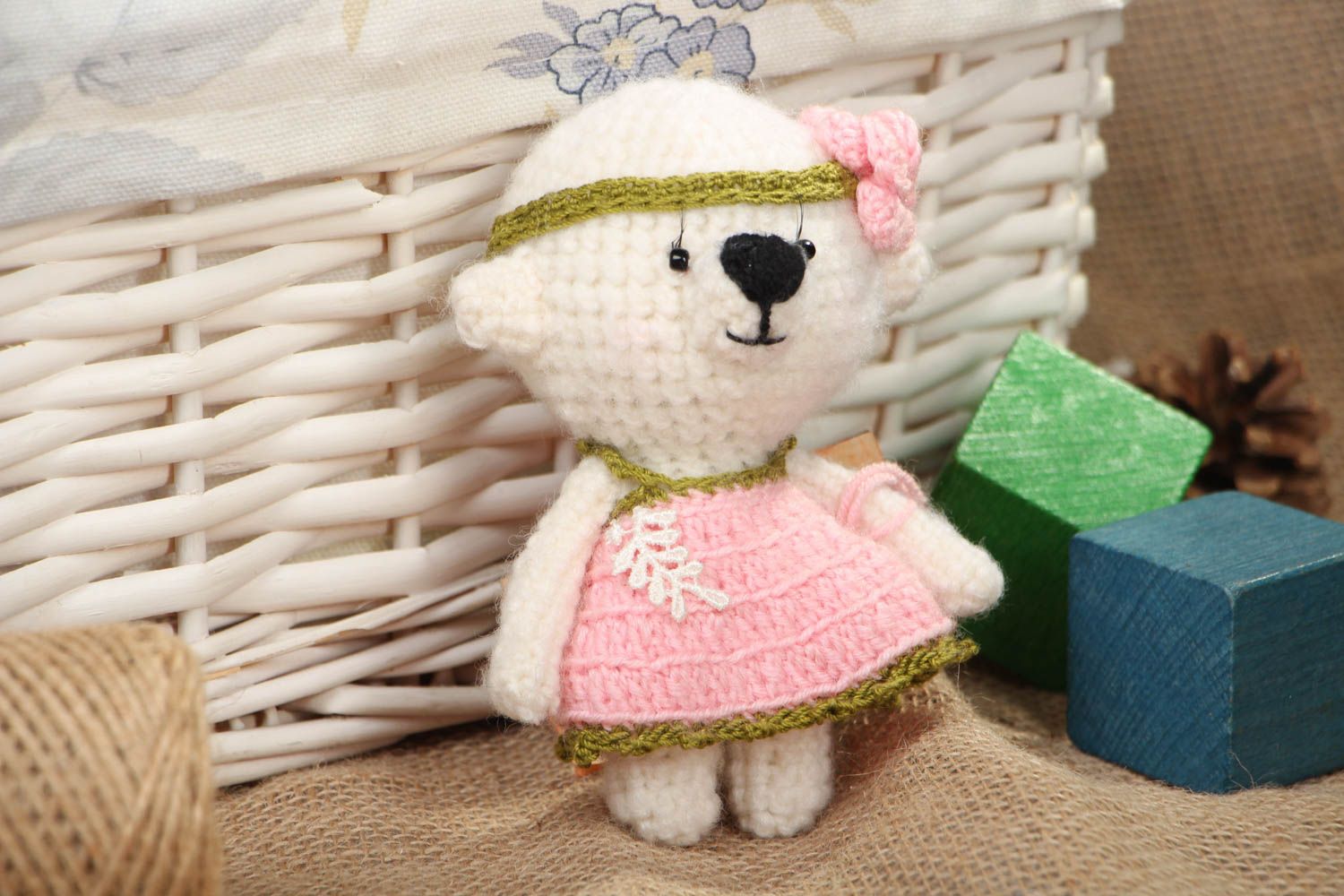 Soft crochet toy bear in dress photo 5