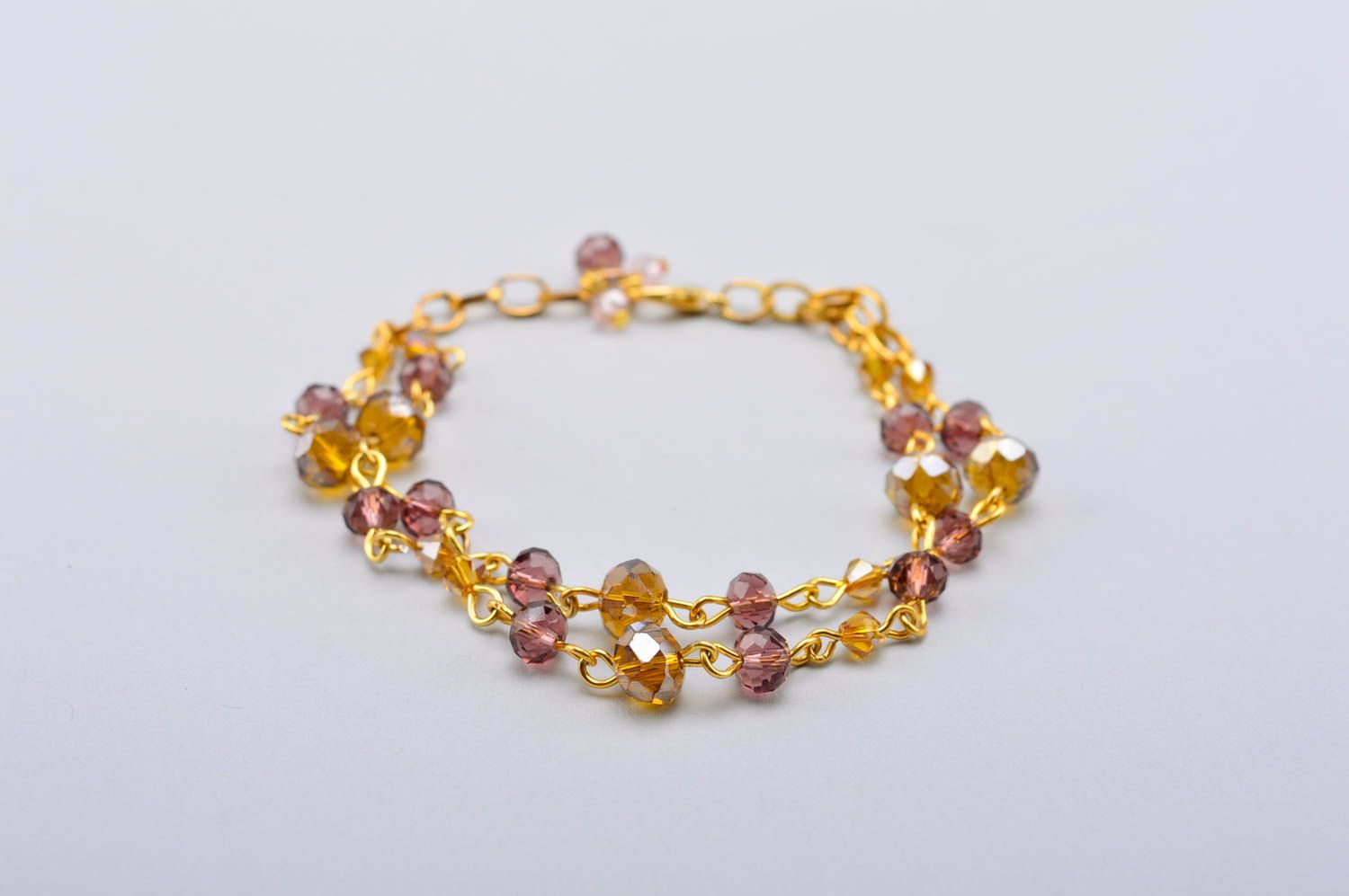 Golden color two layers chain bracelet with golden color beads photo 3
