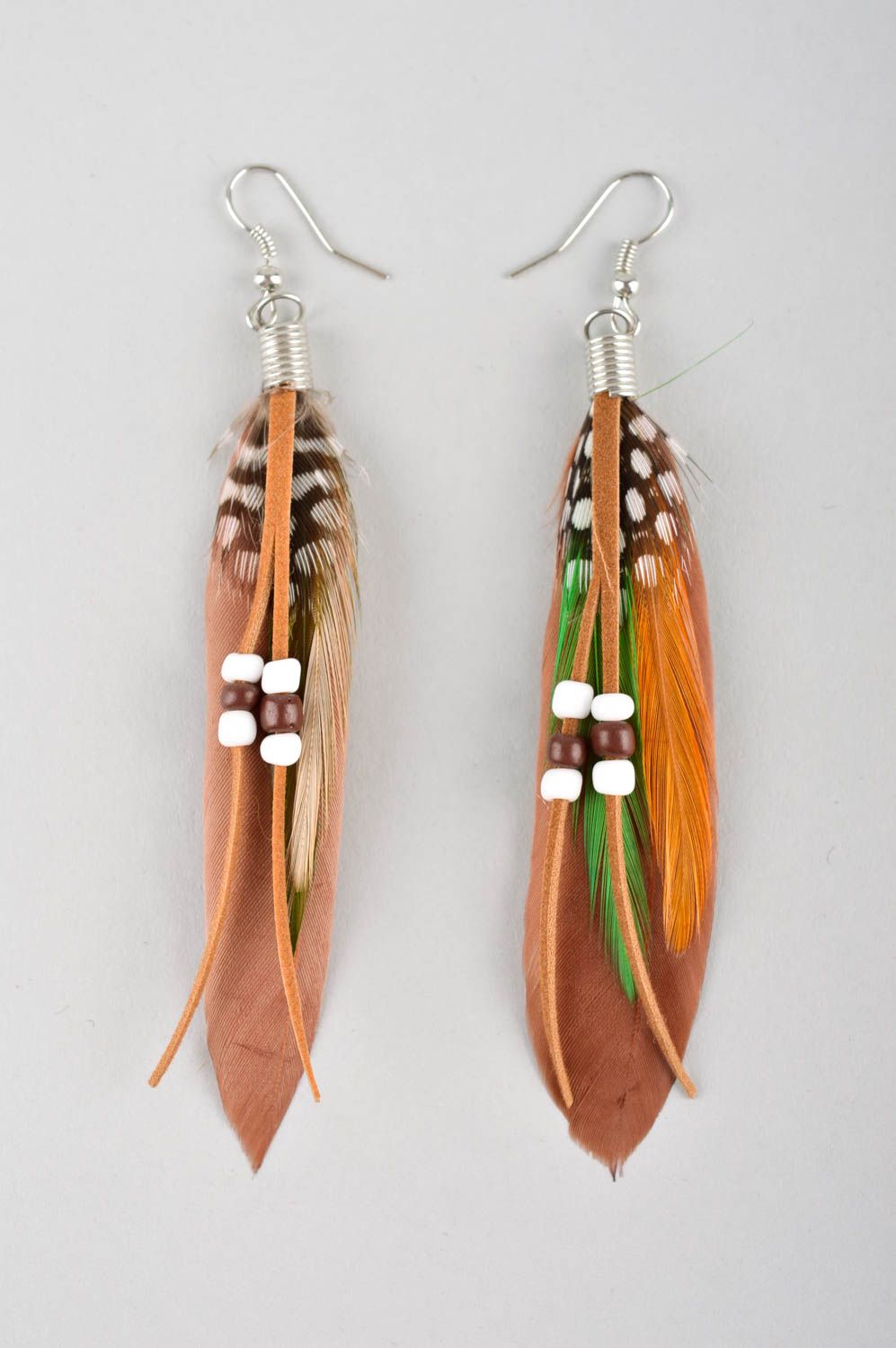Handmade earrings with charms feather earrings long earrings designer accessory photo 3