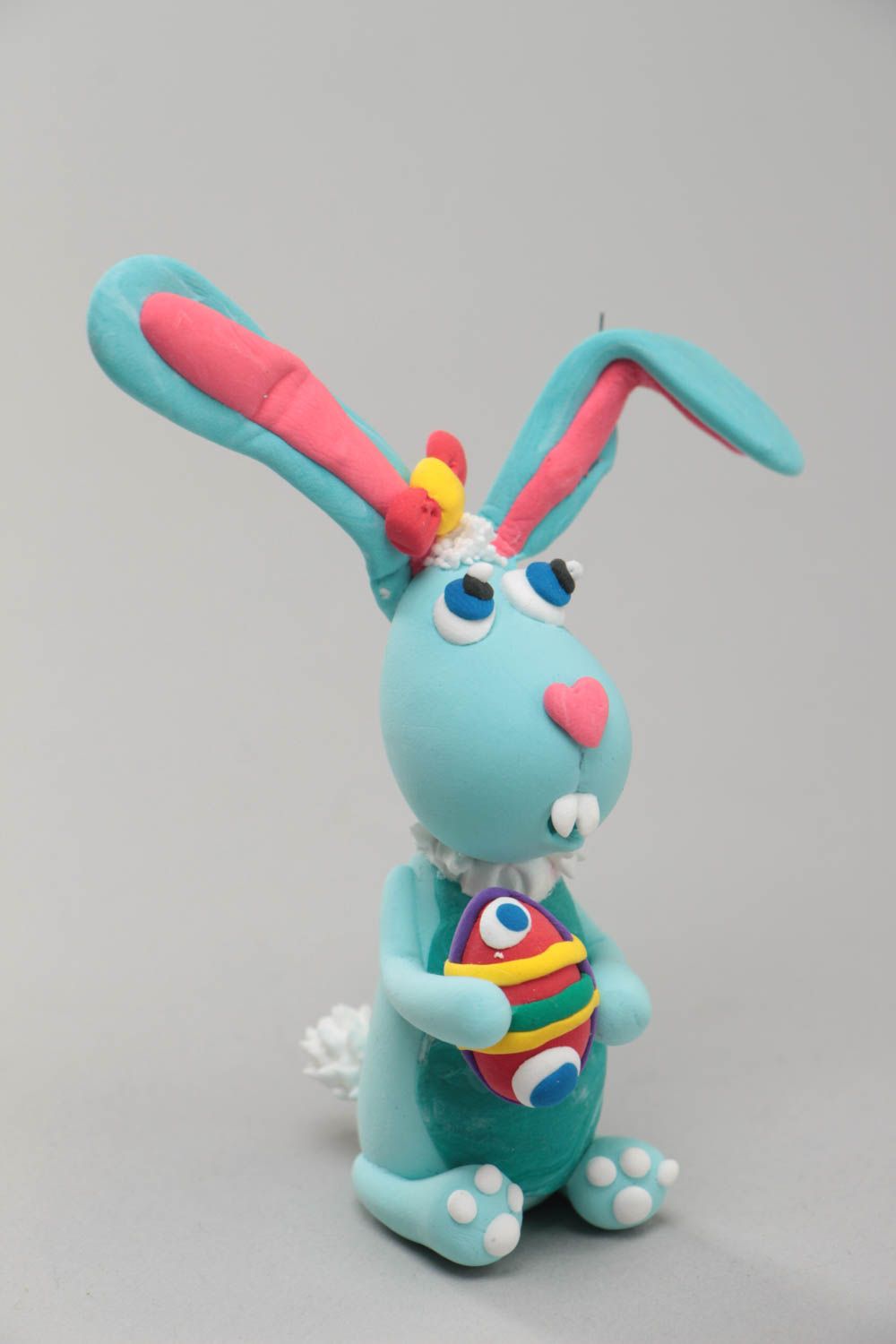 Beautiful funny handmade polymer clay figurine of blue rabbit home decor photo 2