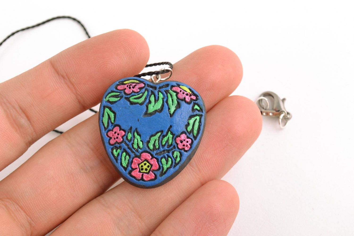 Heart shaped blue handmade painted clay neck pendant with black cord photo 2