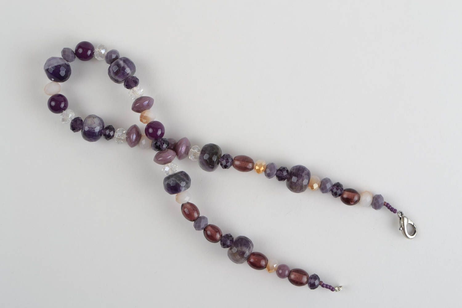 Handmade designer agate crystal and glass beaded necklace in violet color shades photo 3