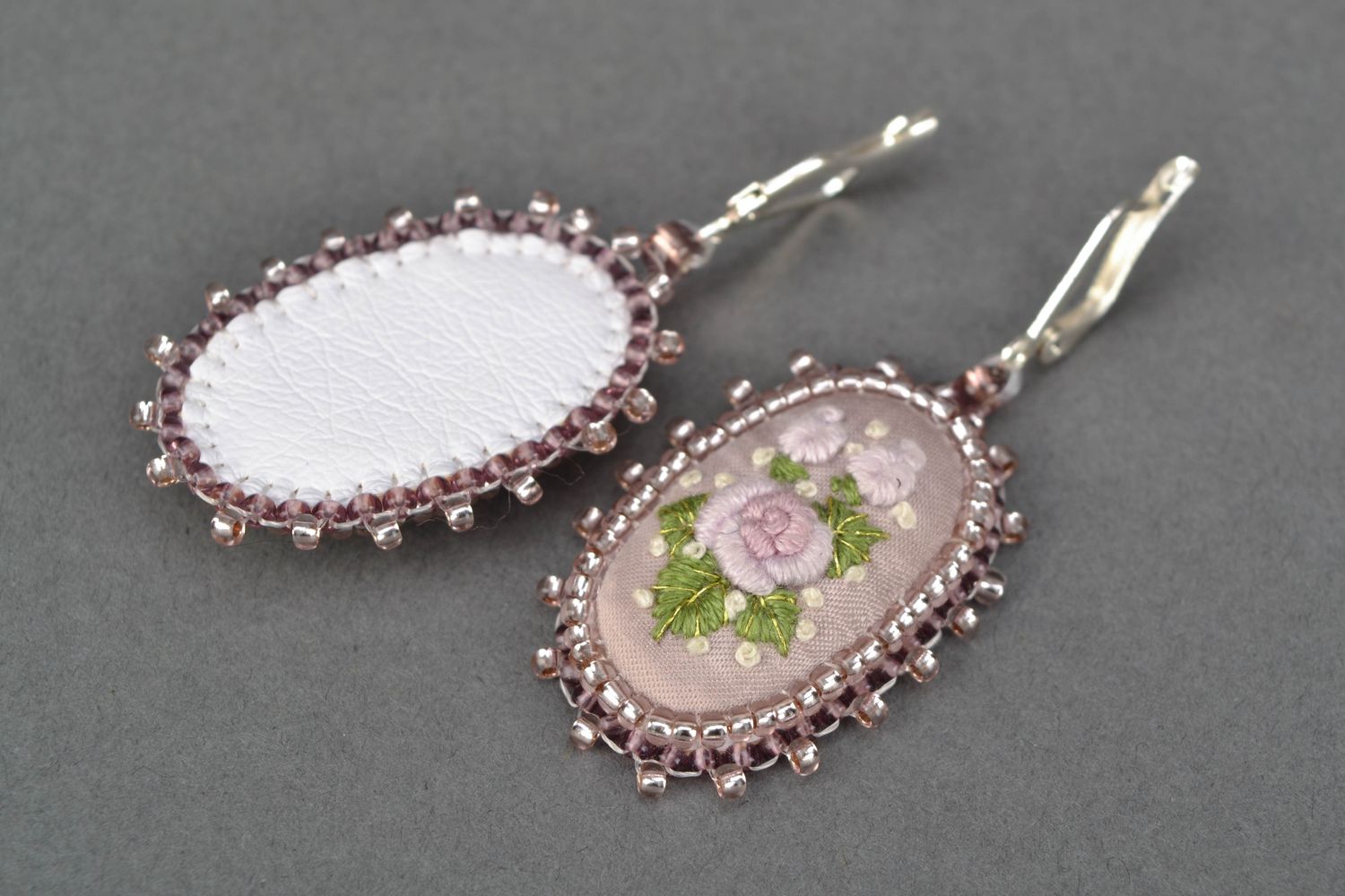 Handmade oval embroidered earrings with beads Nacre photo 3