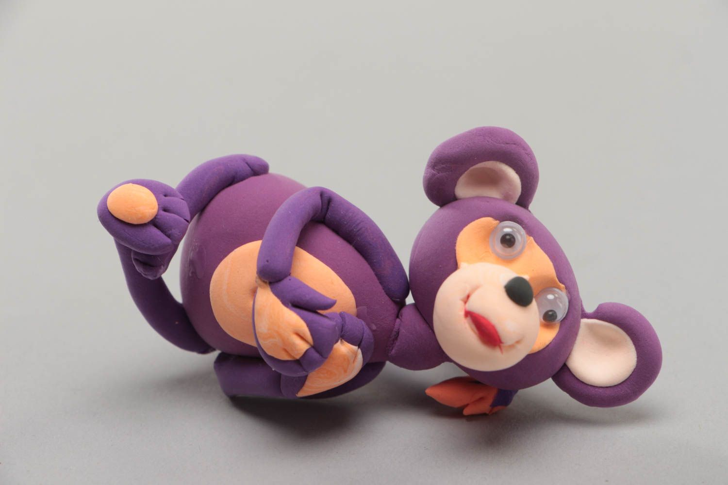 Handmade small bright polymer clay animal figurine of violet monkey collectible photo 2