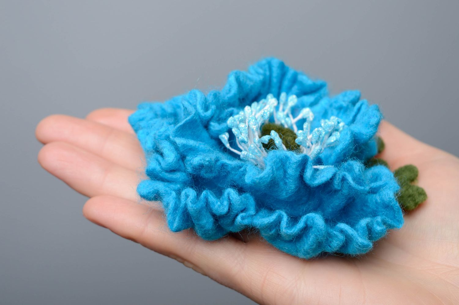 Handmade wool brooch made using felting technique Blue Flower photo 4
