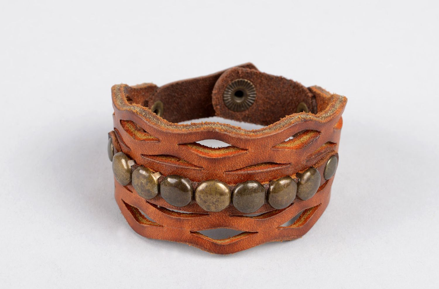 Широкий кожаный браслет украшение ручной работы аксессуар из кожи коричневый фото 1