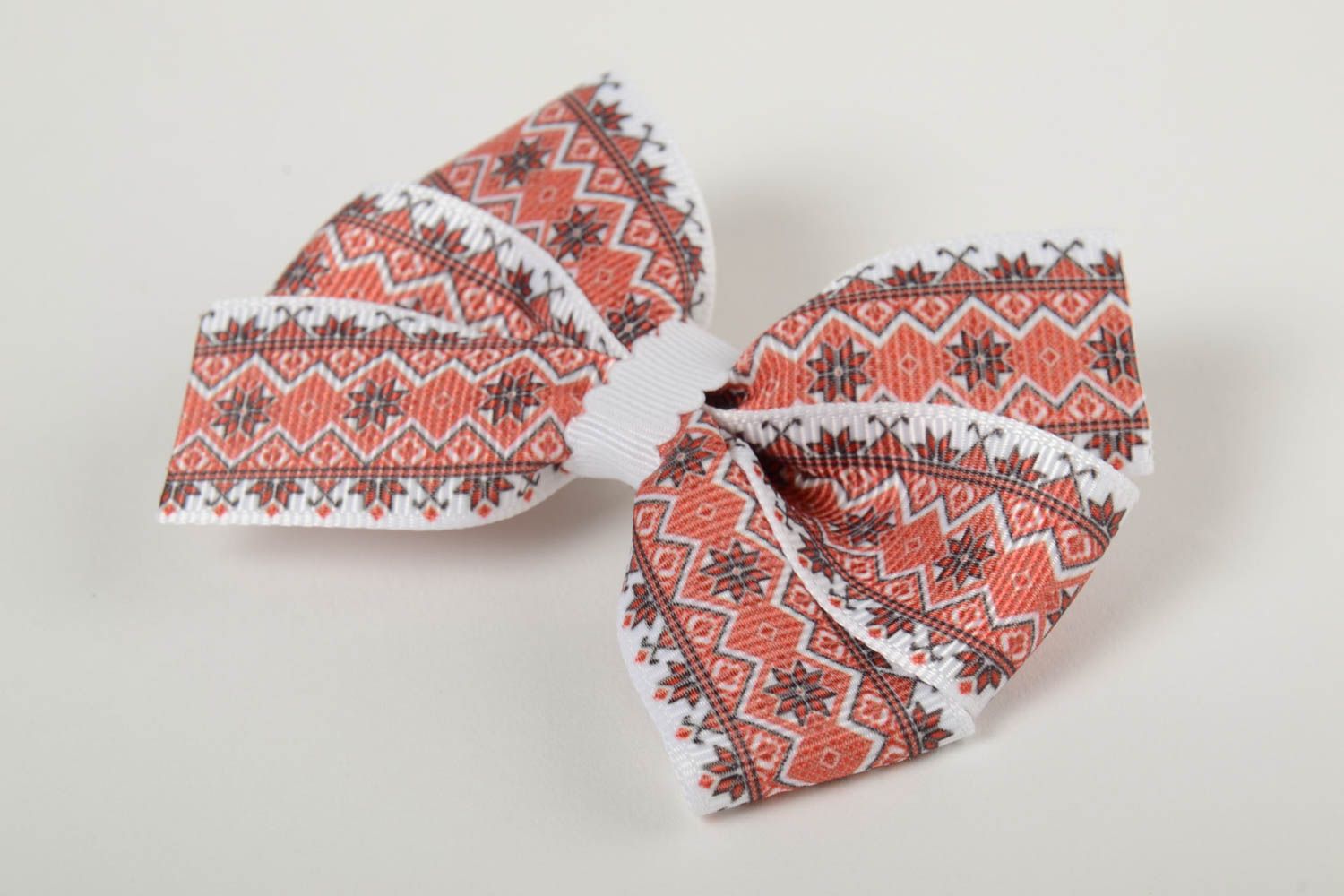 Bow handmade hair barrette in ethnic style for girl red and white photo 2