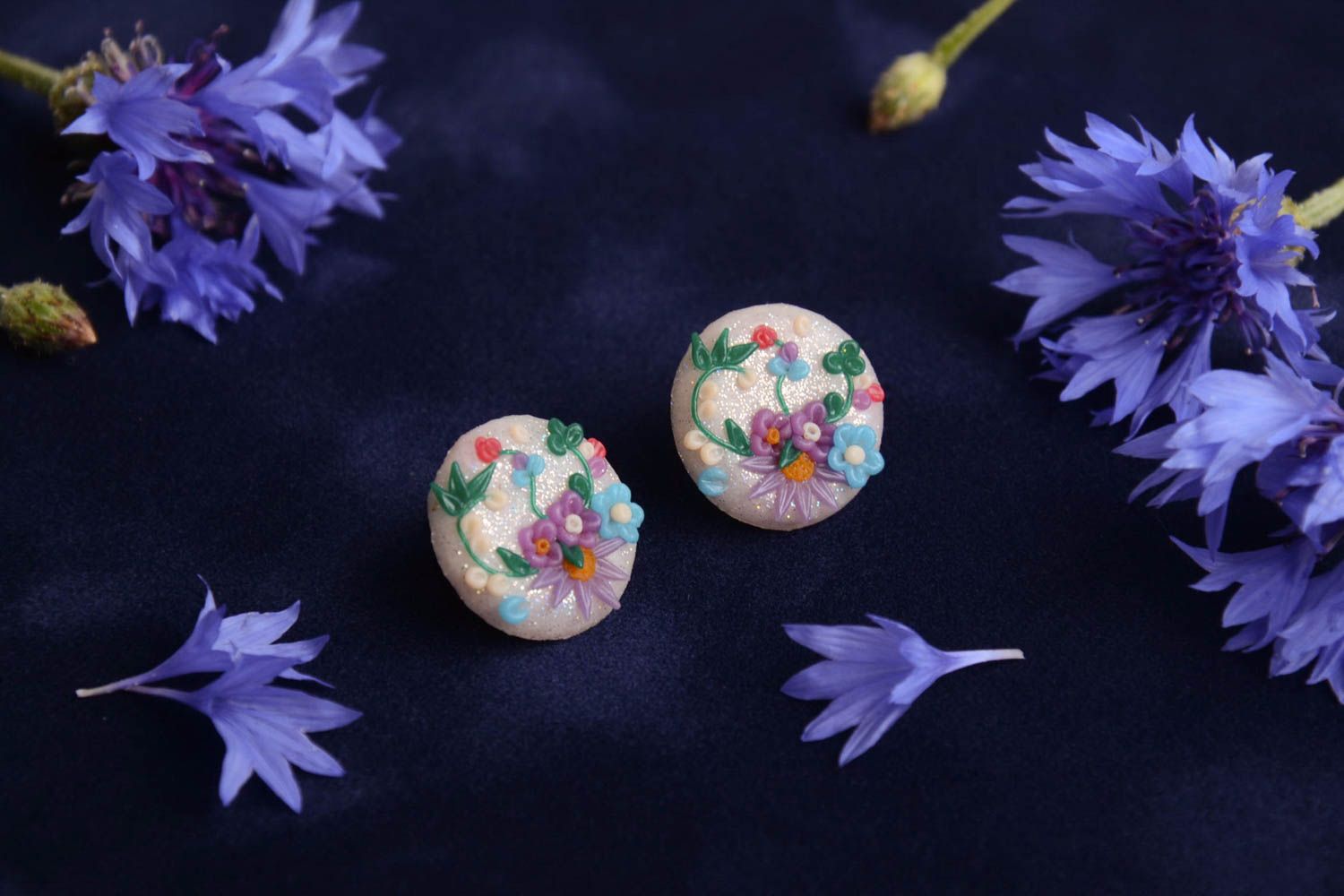 Handmade small polymer clay round stud earrings with colorful relief flowers photo 1