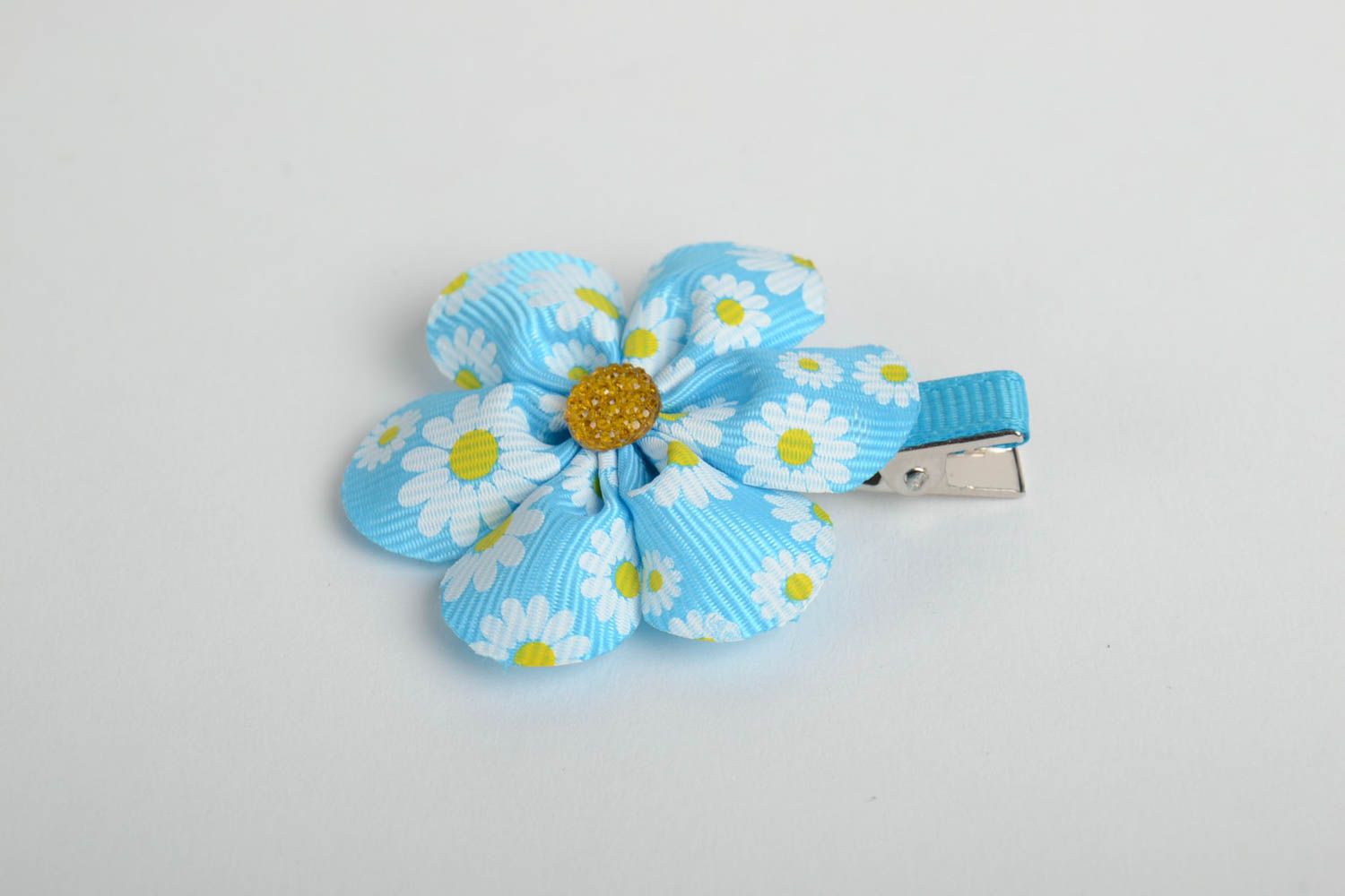 Handmade decorative hair clip with blue satin ribbon flower for kids and adults photo 4