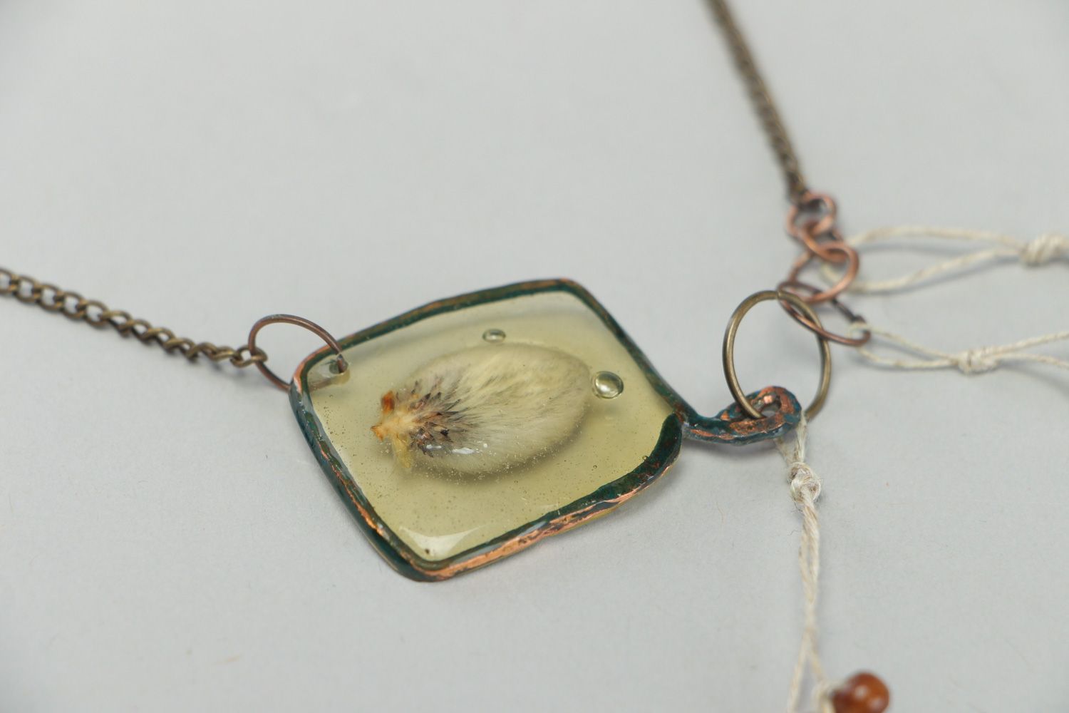 Handmade botanical pendant on long chain with real flowers coated with epoxy photo 3