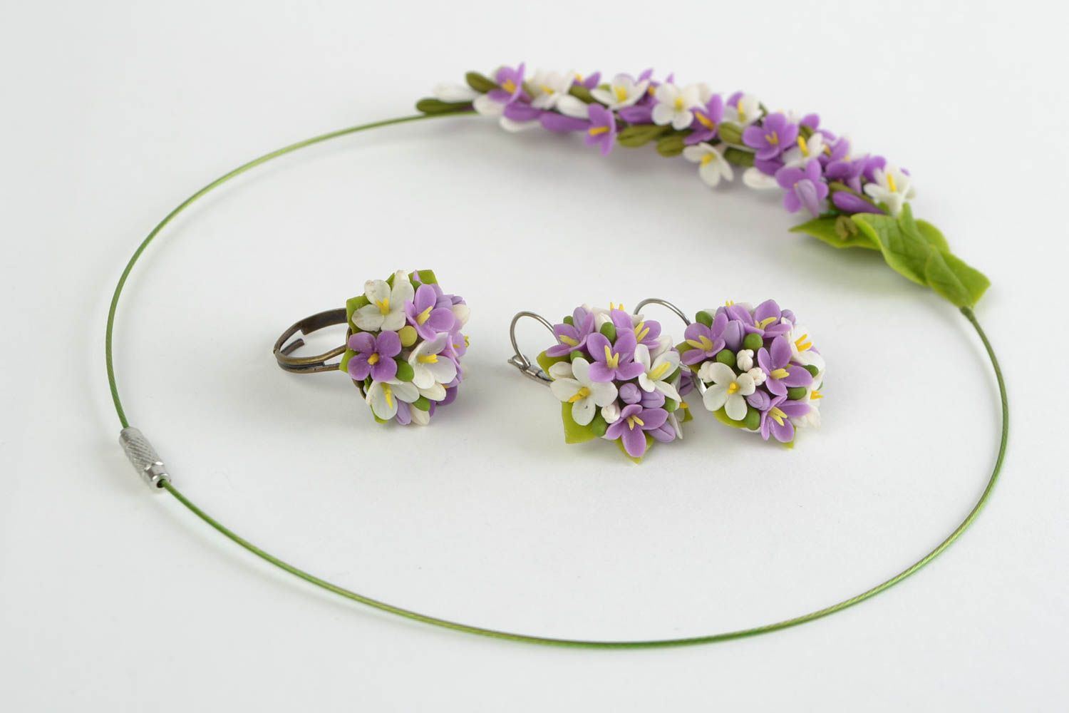 Lilac cold porcelain jewelry set 3 pieces handmade necklace ring and earrings photo 4