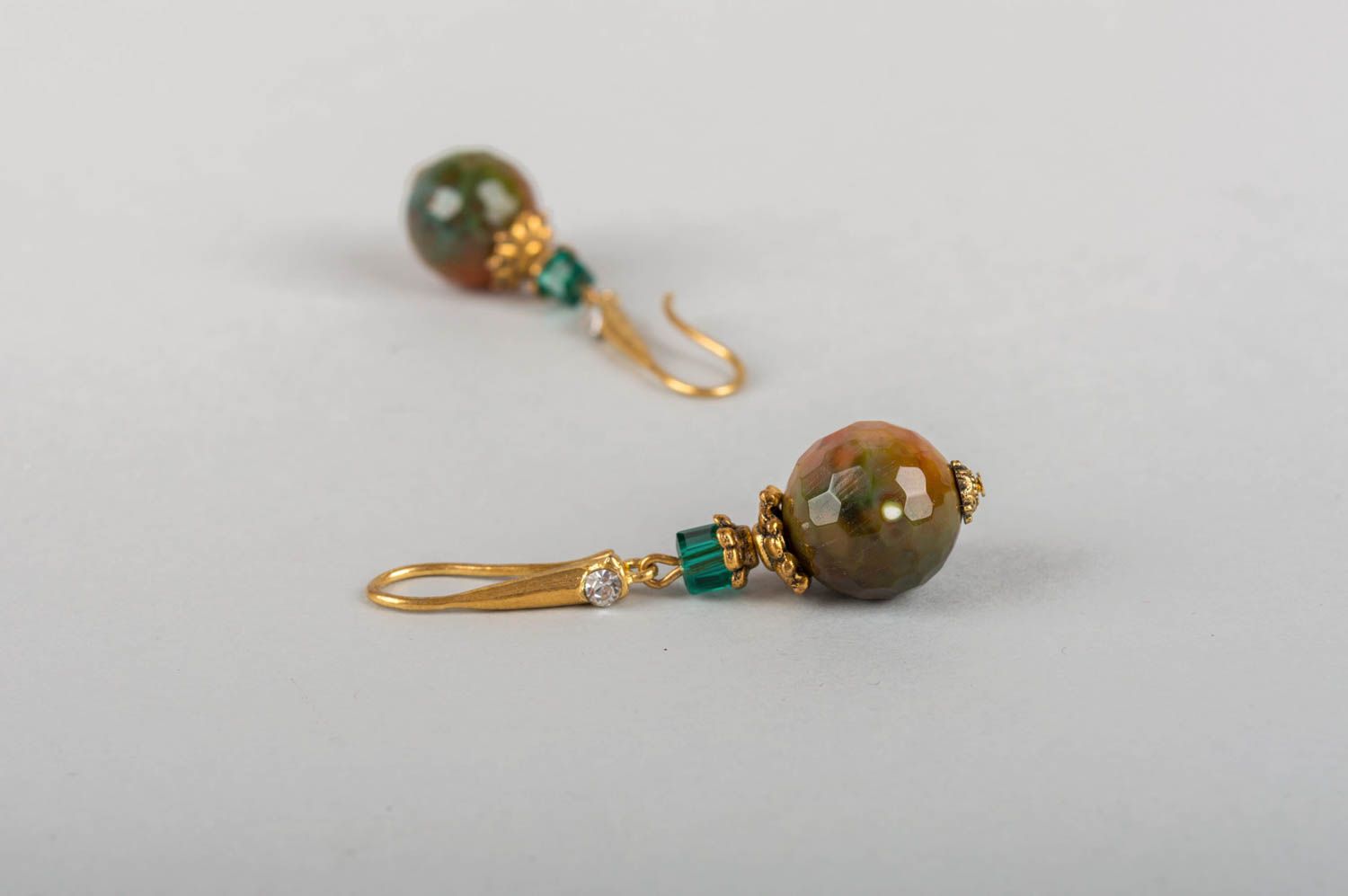Brass earrings with agate and crystal handmade evening stylish accessory photo 2
