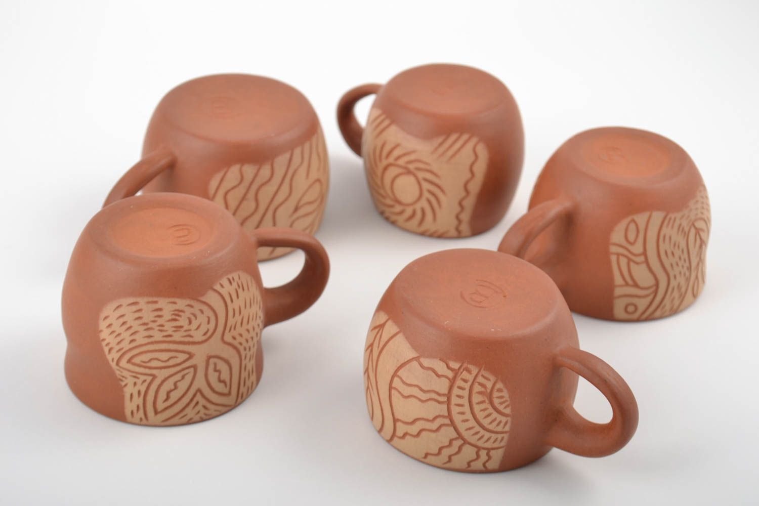 Set of 5 five terracotta natural clay Mexican style coffee cups with cave drawings photo 4