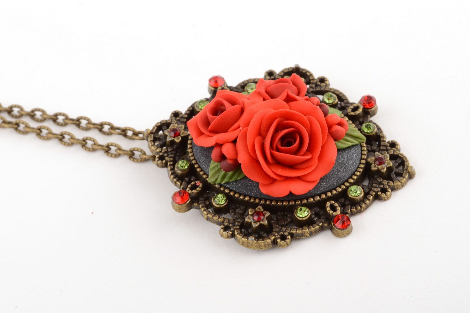 Handmade cute festive flower pendant made of polymer clay on long chain  photo 3