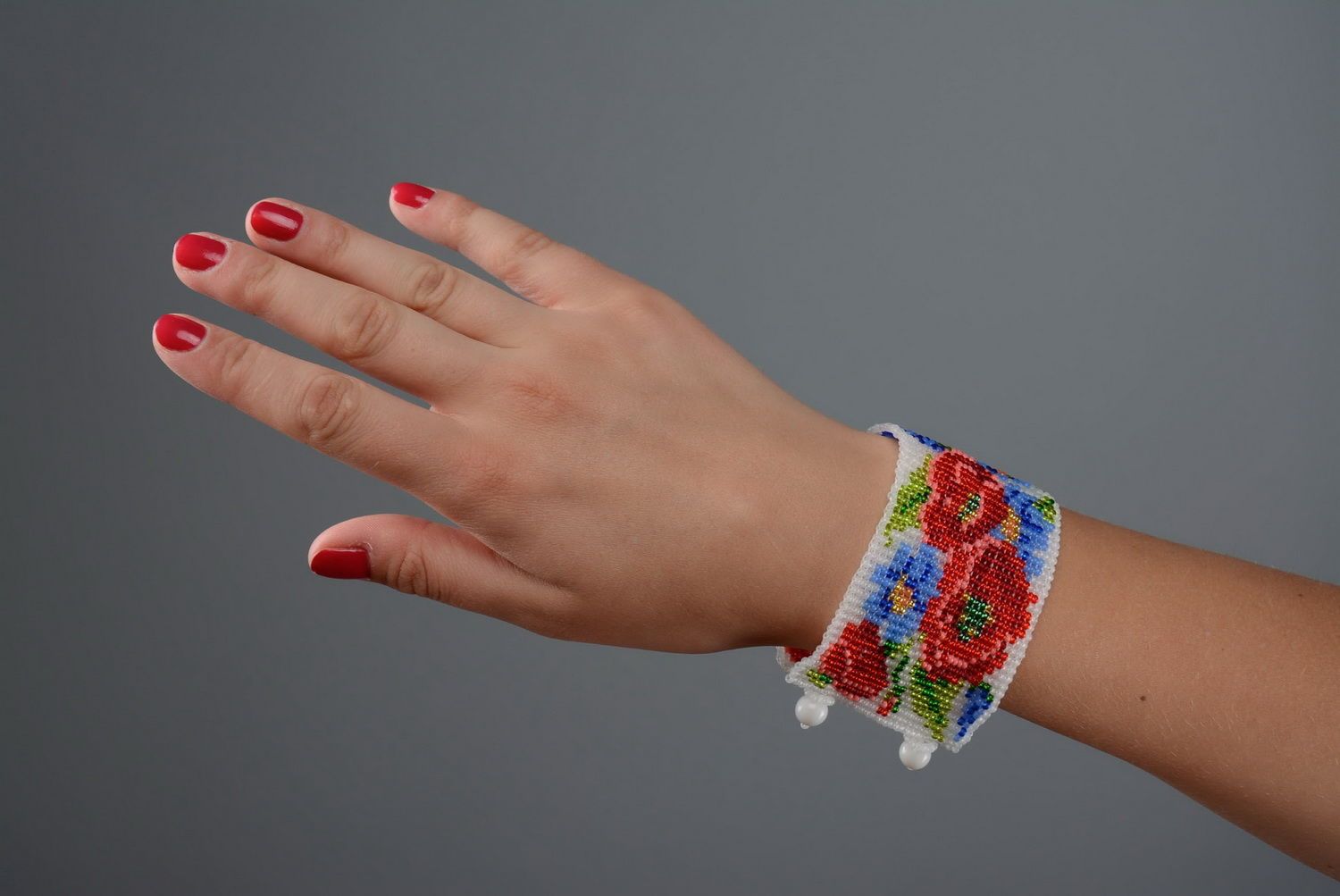Wide floral beaded wrist bracelet with Poppies for women photo 5
