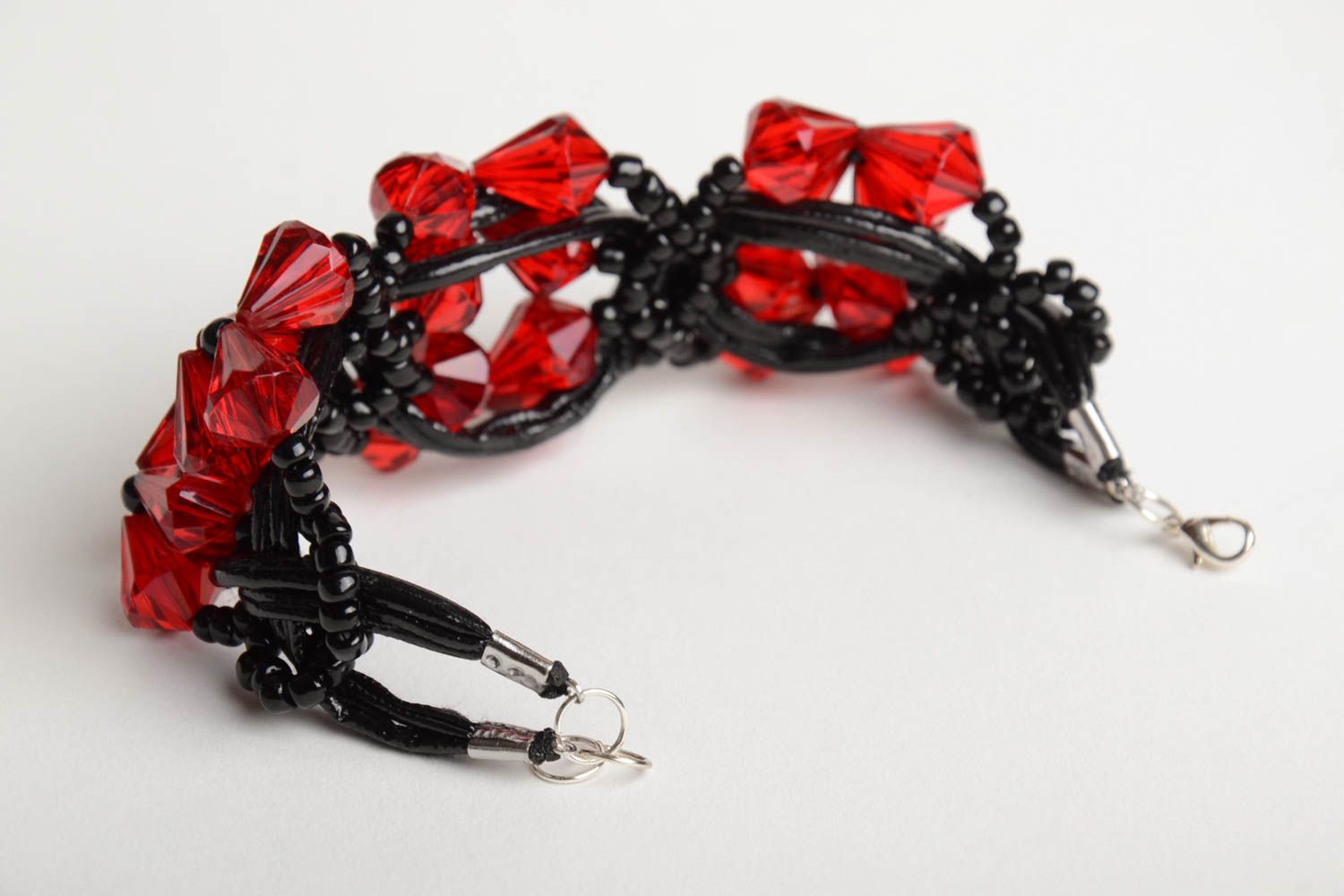 Designer festive handmade black and red wrist bracelet crocheted of Czech beads  photo 4