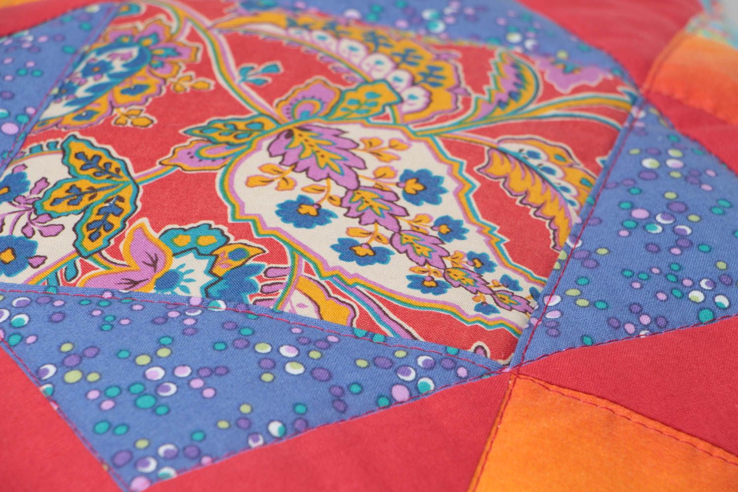 Beautiful handmade designer patchwork accent pillow sewn of cotton fabric photo 3