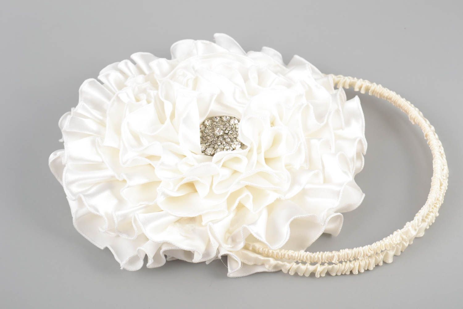 White handmade cute wedding bag for bride in shape of flower made of satin photo 3