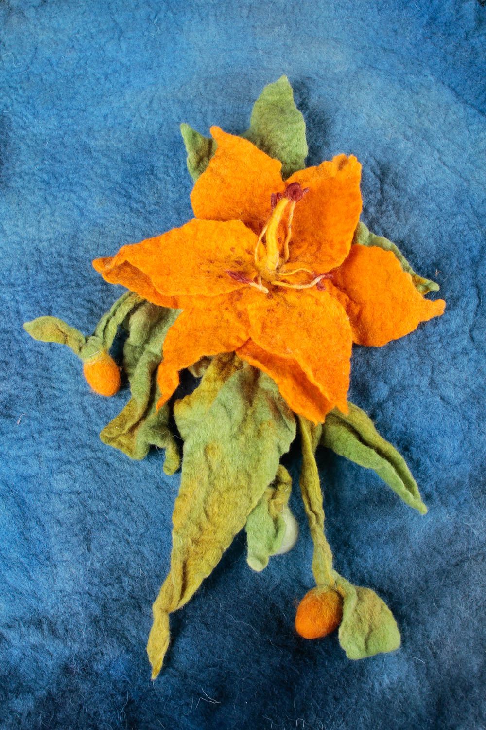 Grosse Broche fleur Pince cheveux faite main orange en laine Accessoire femme photo 1