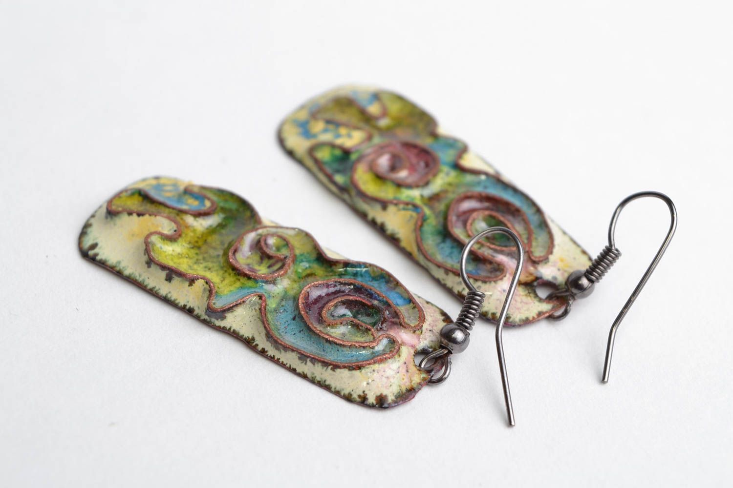 Designer copper long rectangular earrings with handmade filigree enamel painting photo 4
