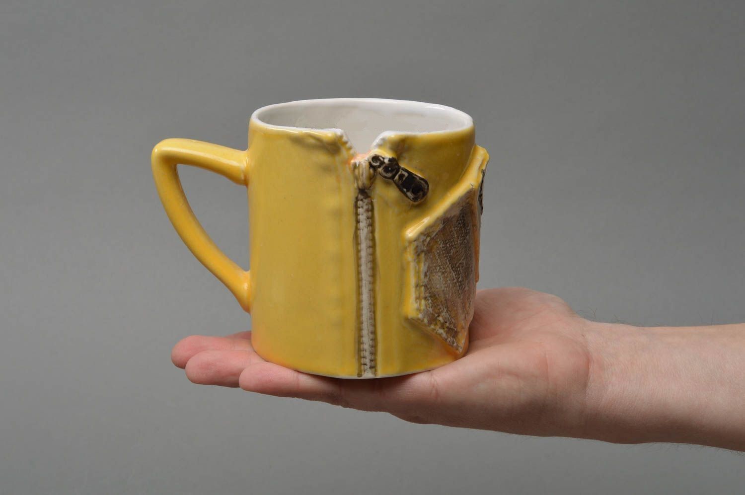 Modern ceramic glazed yellow jeans coffee cup with zipper and handle 1 lb photo 1