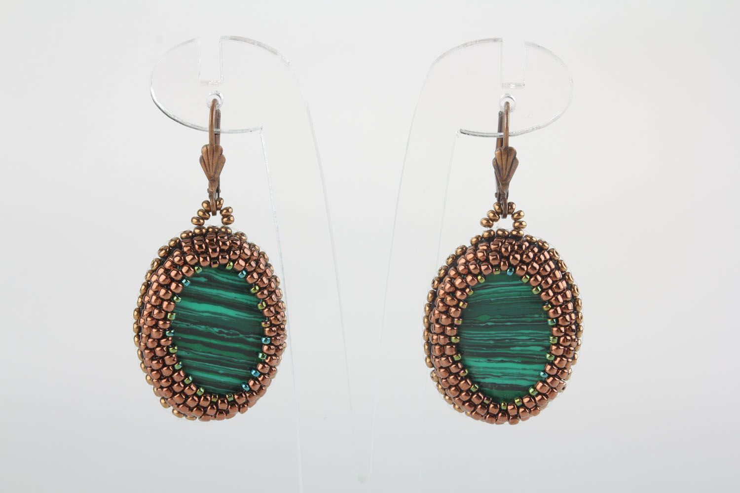 Earrings made of leather and malachite photo 1