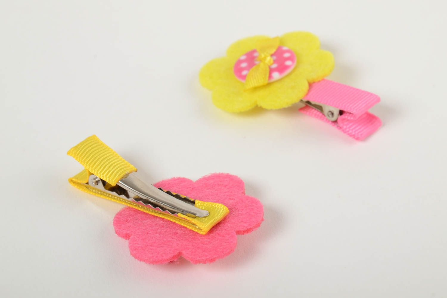 Handmade baby hairpins made of rep ribbons and fleece 2 pieces pink and yellow photo 3