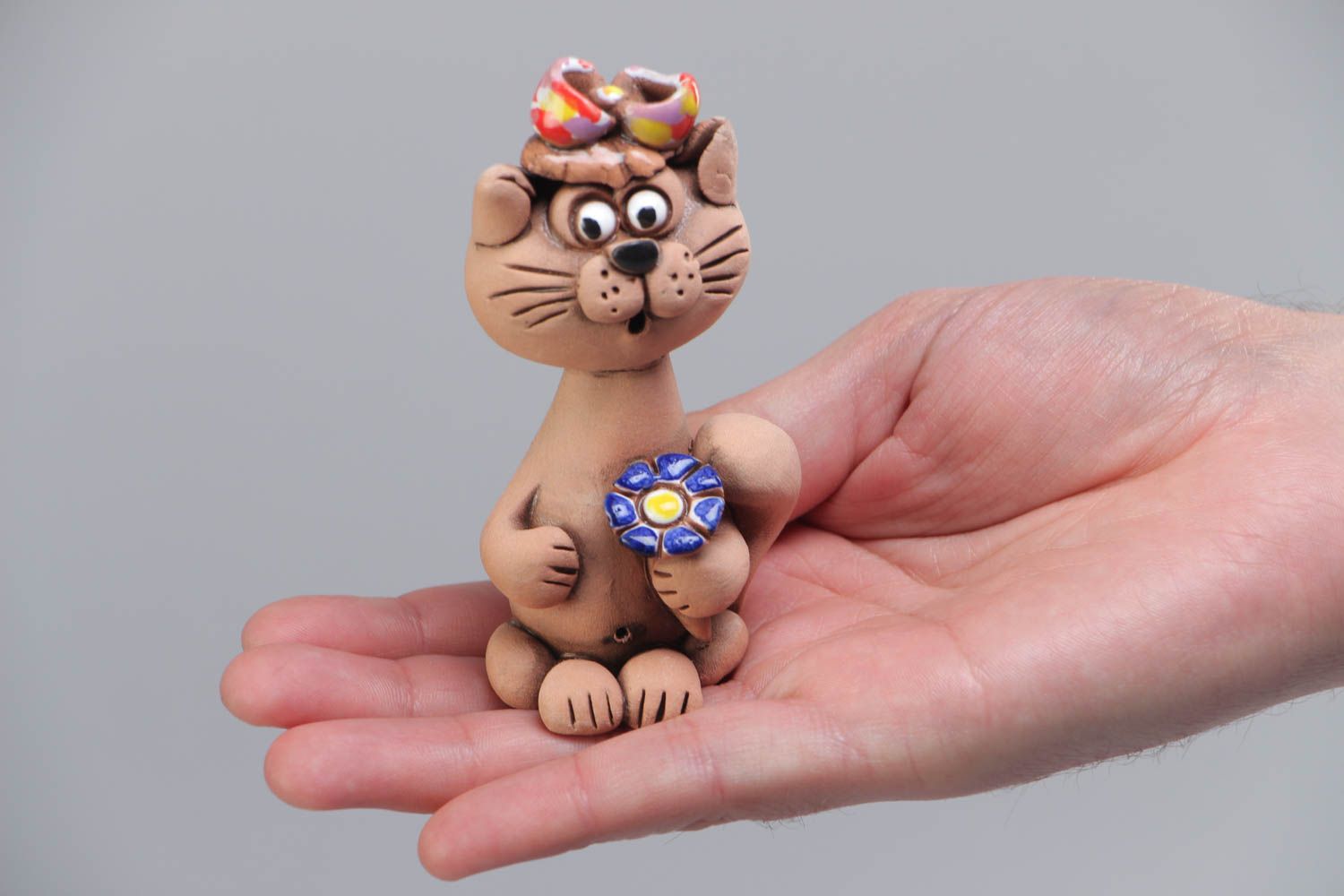 Figurine de chat mignon en terre cuite peinte originale petite faite main photo 5