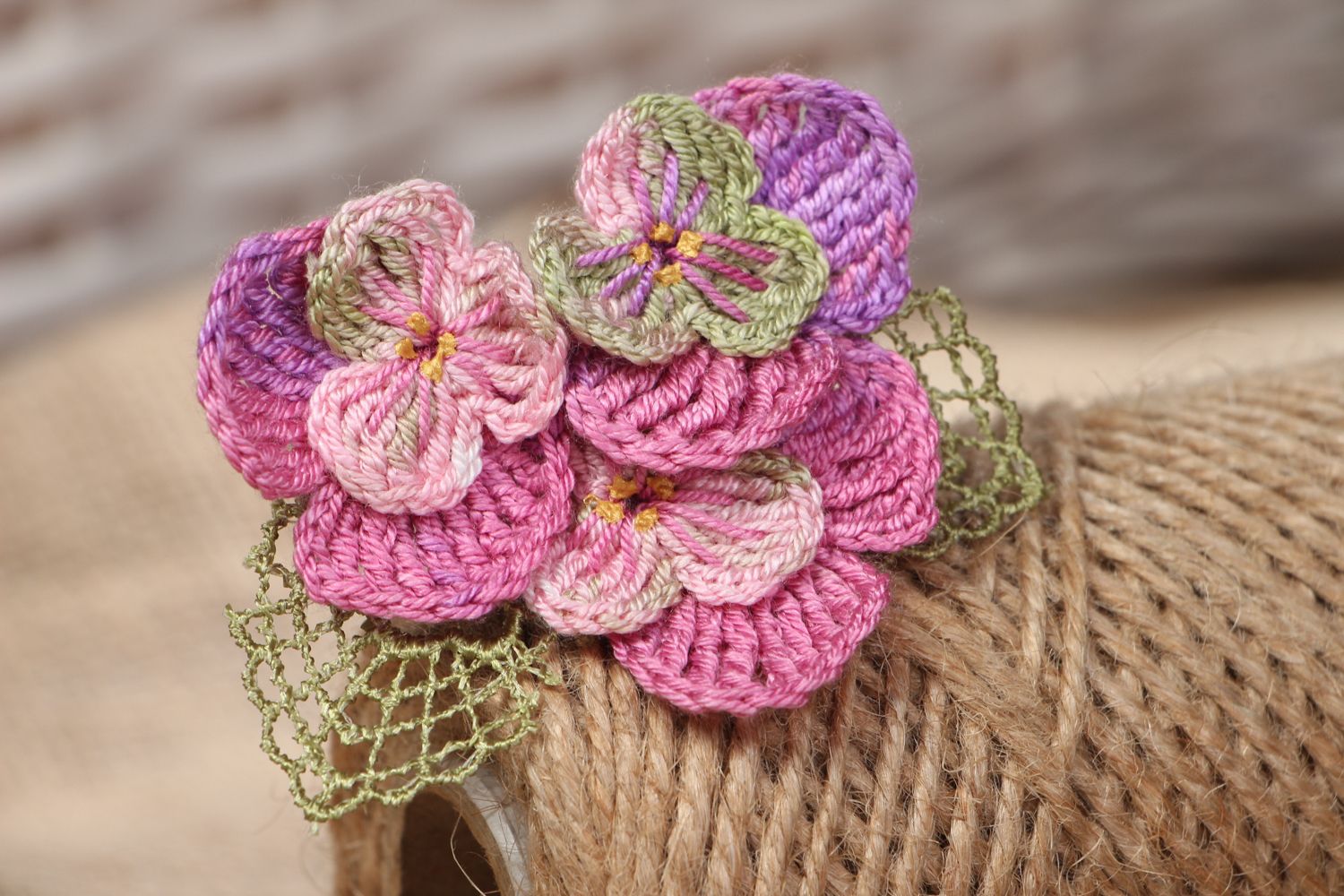 Handmade crochet microfiber brooch Violets photo 5