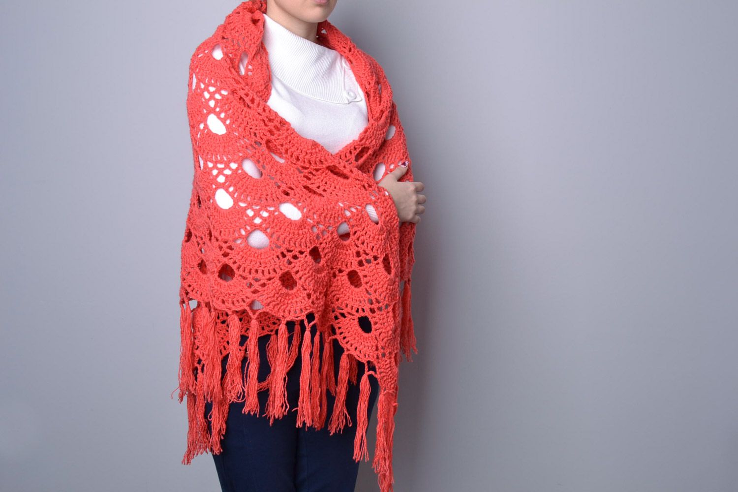 Large handmade lacy women's shawl crocheted of red semi-woolen threads  photo 2