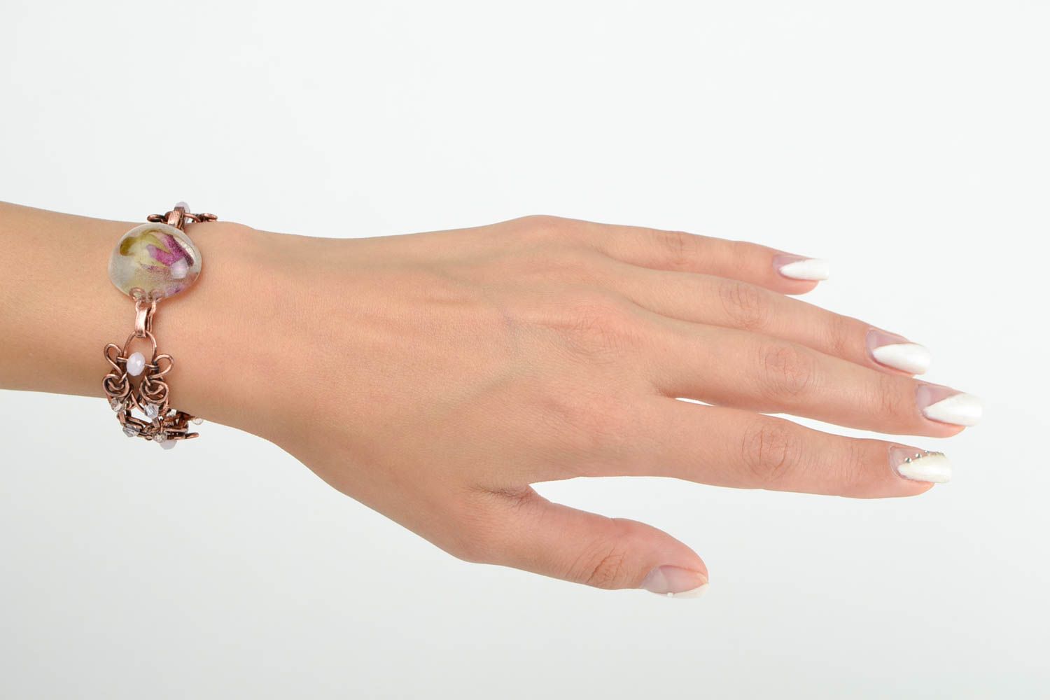 Bracelet fantaisie Bijou fait main cuivre rose en résine époxy Accessoire femme photo 2