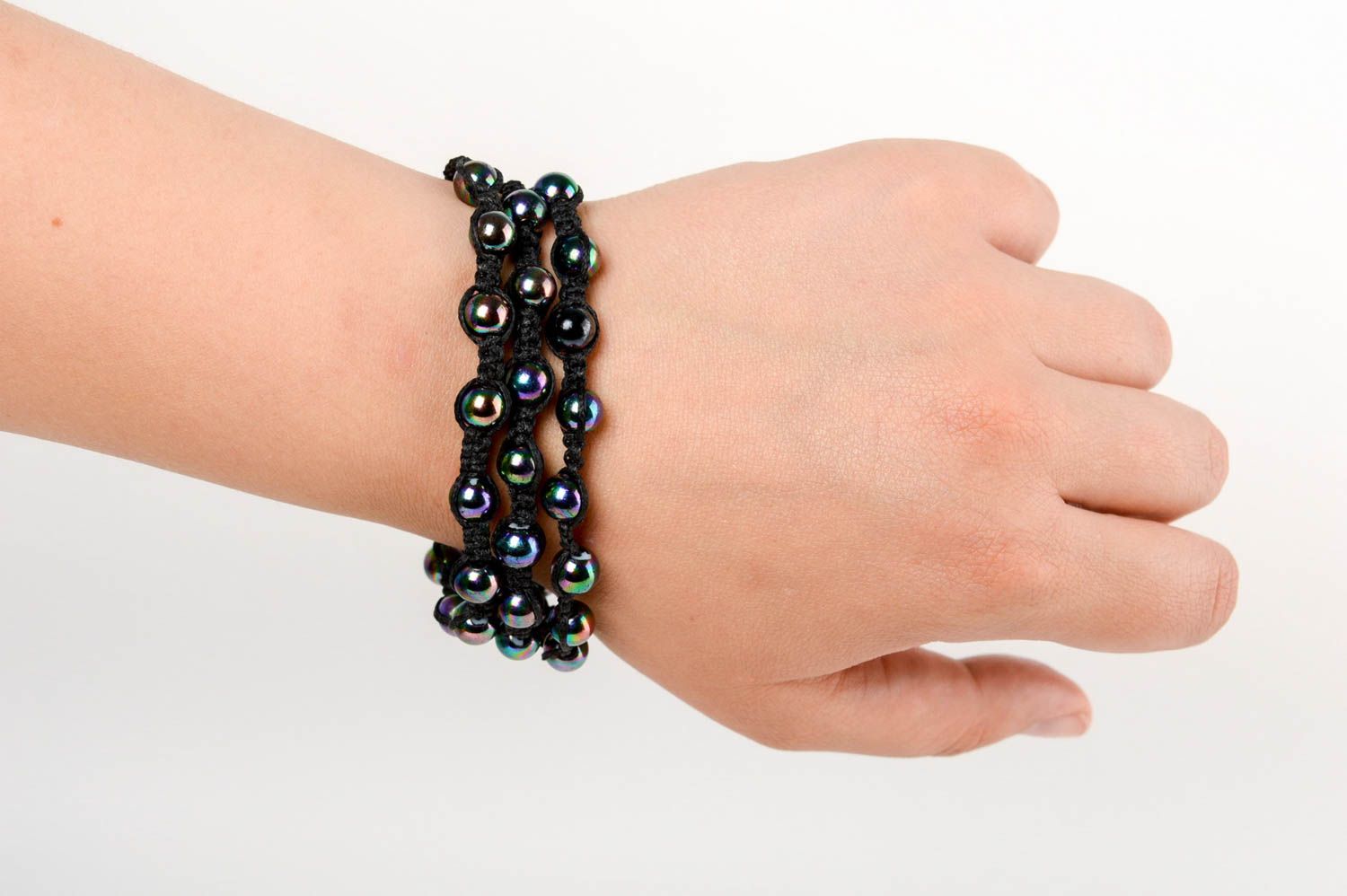 Handmade beautiful black bracelet made of ceramic pearls using macrame technique photo 5