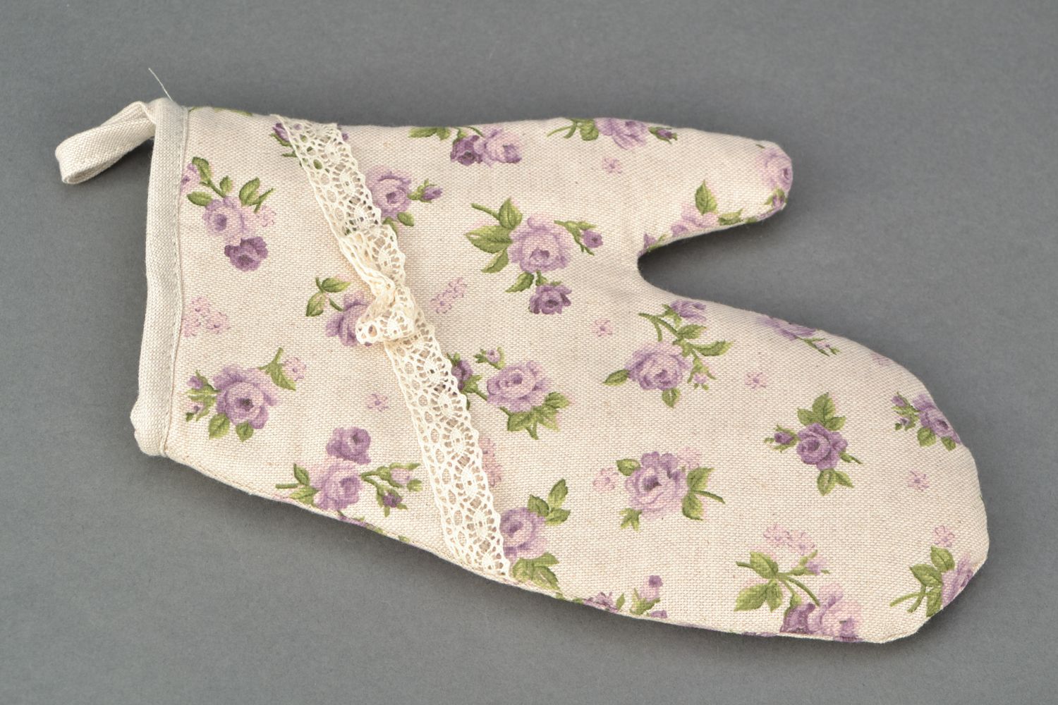 Gant de cuisine motif fleurs en coton et polyamide avec dentelle fait main  photo 3