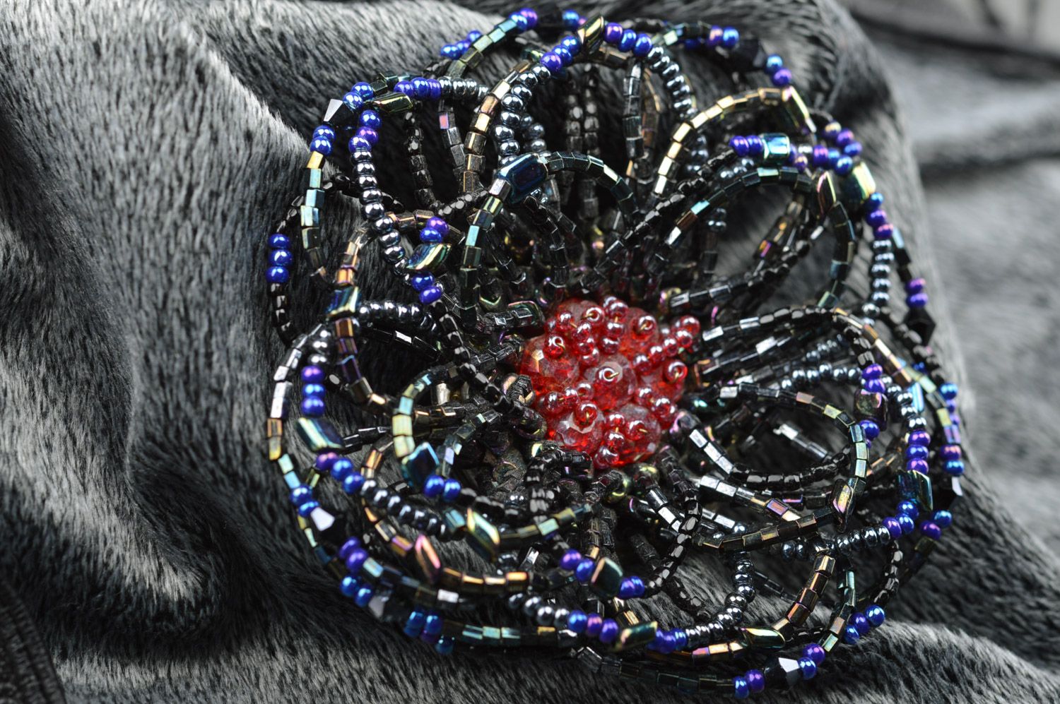 Handmade beaded flower brooch of dark color and average size woven with fishing line photo 5