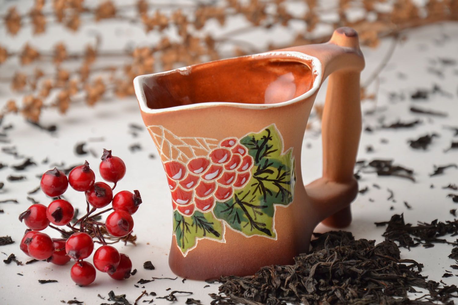 8 oz clay glazed wine-drinking cup with a wide handle and grapes pattern photo 1