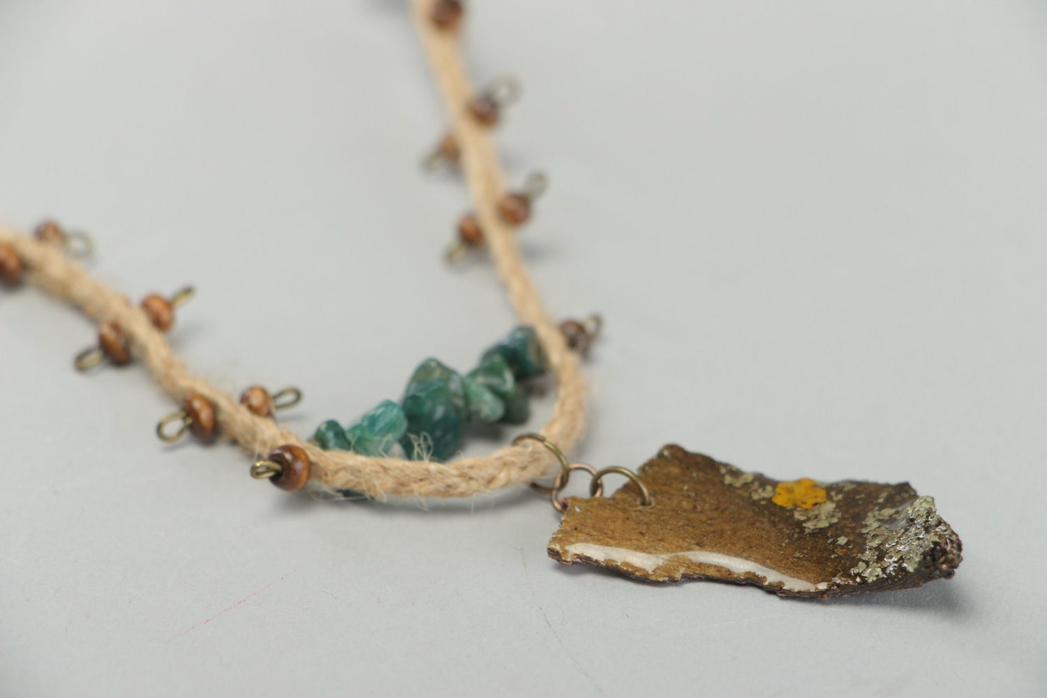 Handmade designer botanical pendant with bark and natural stone photo 2