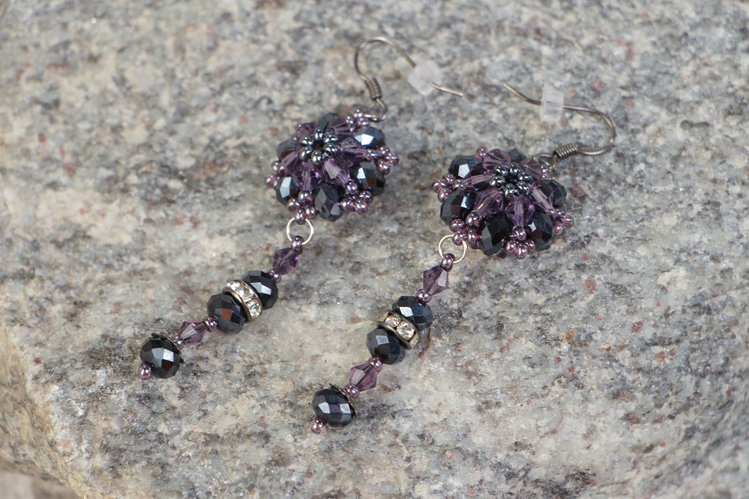 Handmade elegant dark long dangling beaded earrings with crystal glass  photo 1