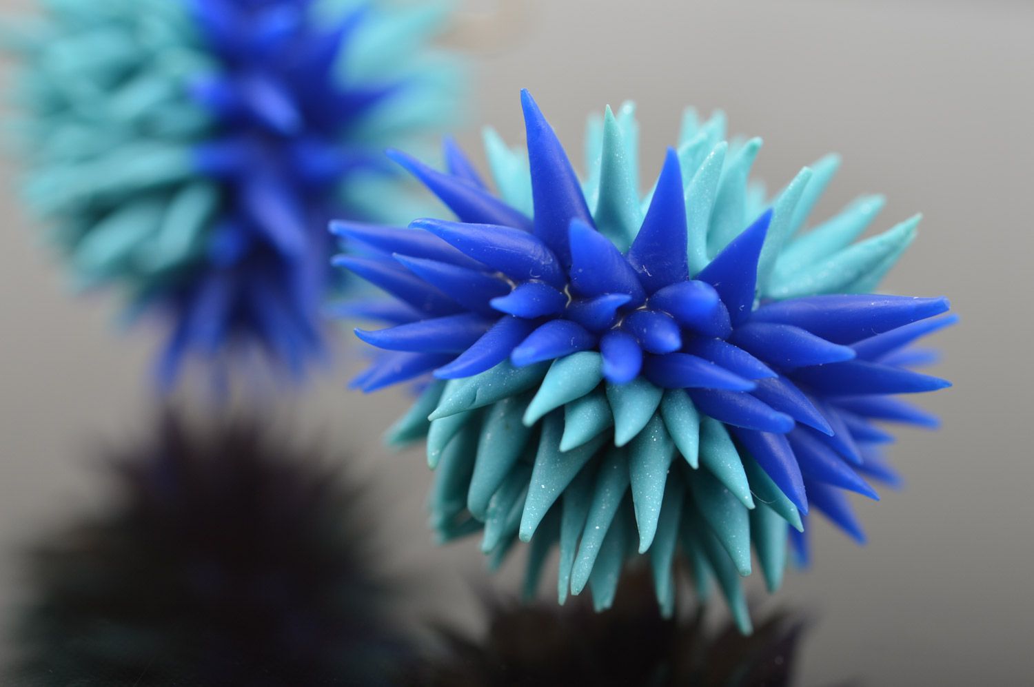 Beautiful blue handmade polymer clay earrings in the shape of sea urchins photo 5