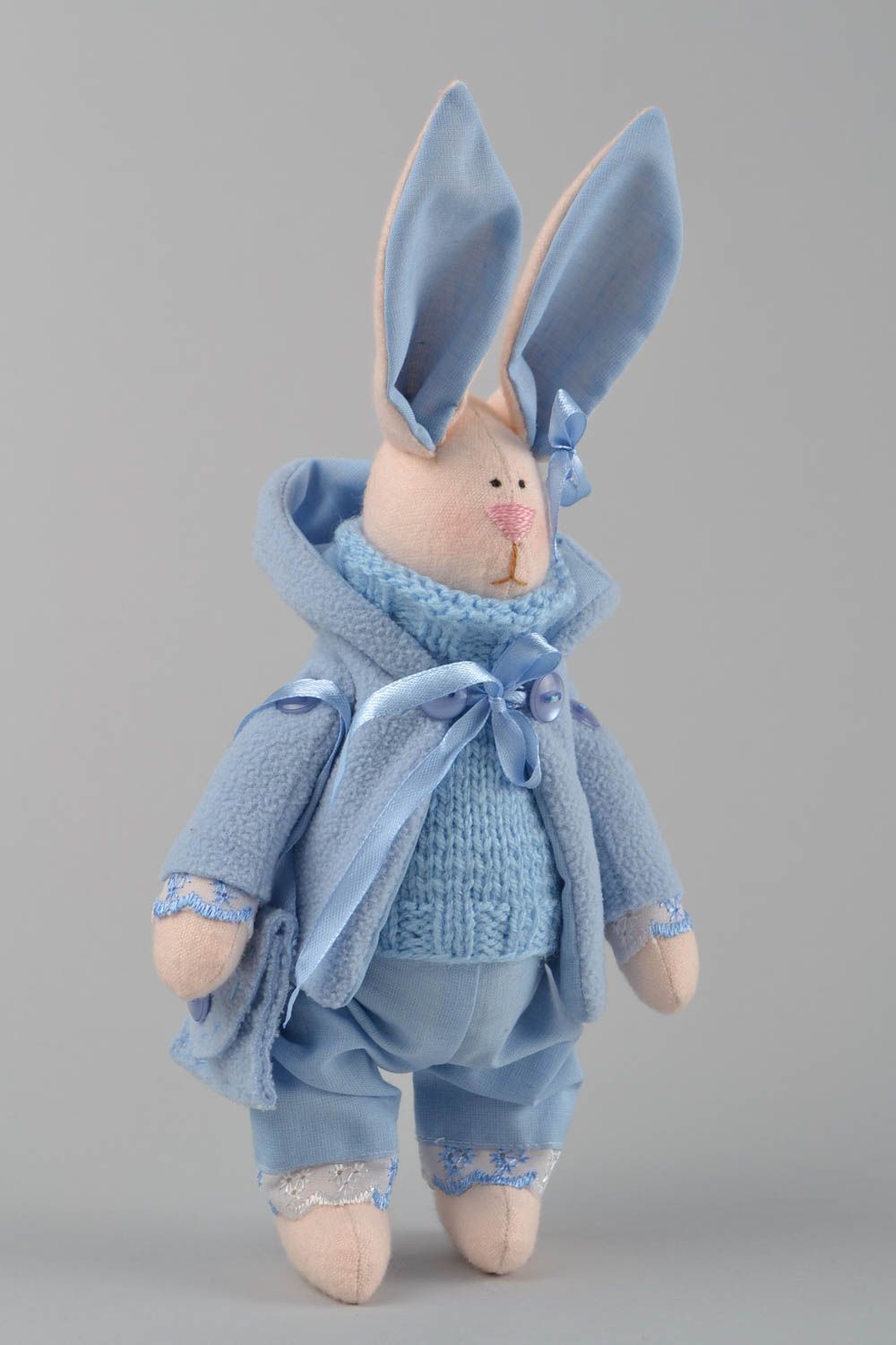 Handmade designer soft toy beige rabbit in blue fleece coat for interior decor photo 3