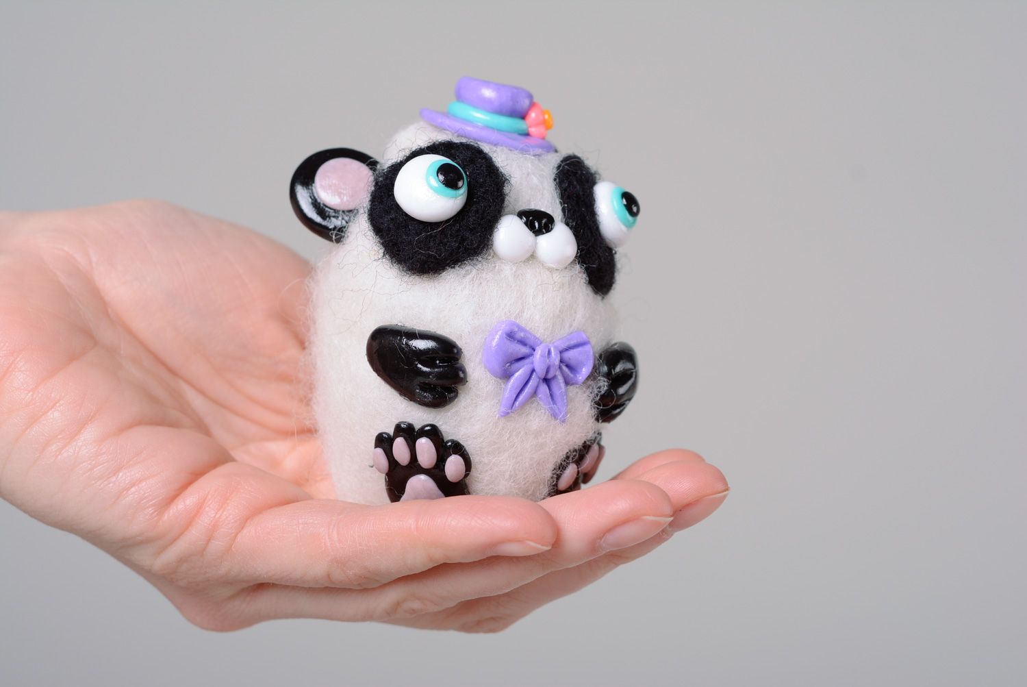 Handmade miniature wool toy made using needle felting technique Panda photo 5