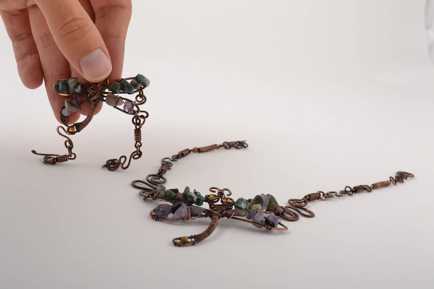 Украшения ручной работы кулон на шею браслет из меди в виде стрекоз wire wrap фото 5